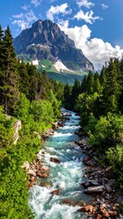 Mountain stream flowing through lush green valley