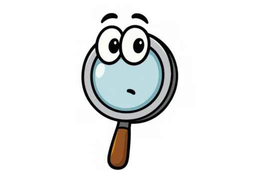 Magnifying glass cartoon character with big eyes feeling surprised or confused, illustration on transparent background
