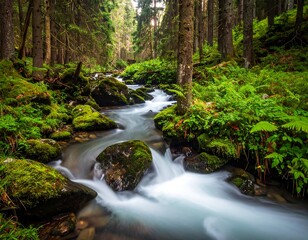 Mountain stream flowing through mossy forest