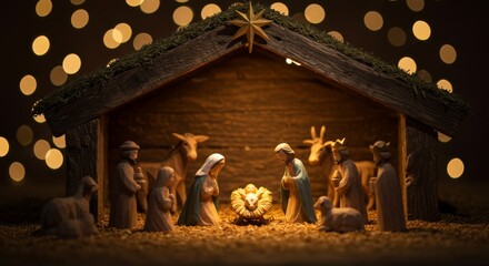 Nativity scene with wooden figures under warm lights for Christmas, New Year  