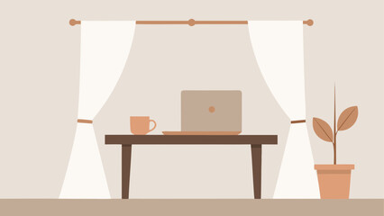 Cozy home office setup with laptop coffee and plant by the window