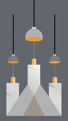 Three modern pendant lights with geometric bases against a gray background