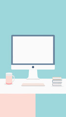 Minimalist desk setup with computer monitor keyboard mug and books on a pastel background