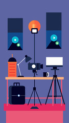 Creative workspace with video production equipment and a laptop