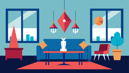 Modern living room interior with blue sofa and geometric decor