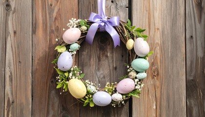 An Easter-themed wreath, crafted with willow branches, adorned with painted eggs, flowers, and a purple ribbon, hung on a wooden door