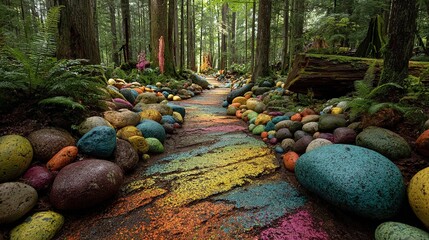 Colorful Rocks and Painted Earth Path in a Lush Forest: A Vibrant Natural Trail