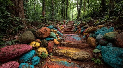 Colorful Rocks and Painted Earth Path in a Lush Forest: A Vibrant Natural Trail