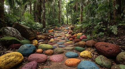 Colorful Rocks and Painted Earth Path in a Lush Forest: A Vibrant Natural Trail