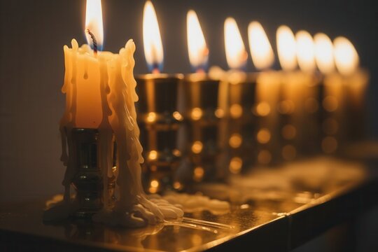 Macro view of a lit Hanukkah menorah with melting wax dripping down the candle. Jewish Festival of Lights celebration. Religious holiday tradition with selective focus - Powered by Adobe