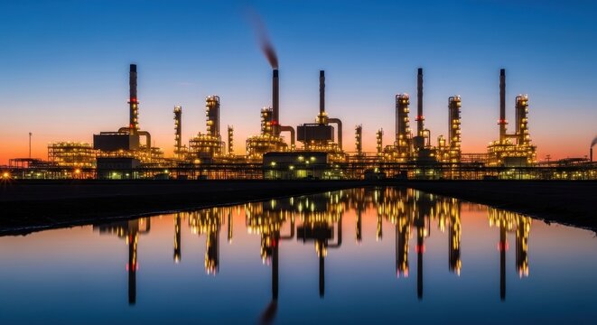 Illuminated industrial oil refinery at dusk with water reflection - Powered by Adobe