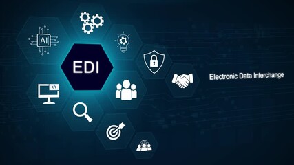 EDI, Electronic Data Interchange Concept. Businessman touching on EDI (Electronic Data Interchange) icons, global data transfer, digital security, 3D dark blue background 4k animation - Powered by Adobe