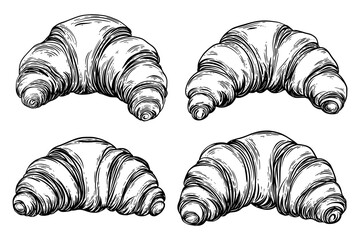 Set of creamy flaky French croissants. Vector black ink isolated illustration in sketch line style