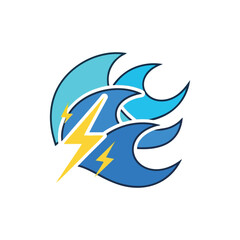 Fototapeta premium Abstract logo featuring blue waves and yellow lightning bolts.