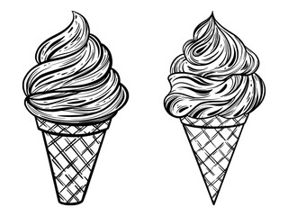 Set of ice cream cones in waffle cups. Vector black ink isolated illustration in sketch line style