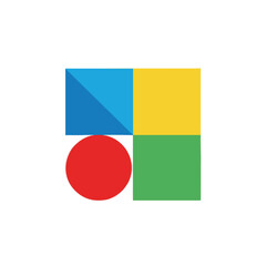 Abstract geometric shapes in blue, yellow, red, and green on a white background.