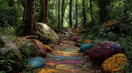 Colorful Rocks and Painted Earth Path in a Lush Forest: A Vibrant Natural Trail