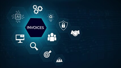 E-invoice and online digital statements concept. digital electronic bill and E-Invoice account. Businessman using to manage invoice documents on virtual screen. 3D dark blue background 4k animation - Powered by Adobe