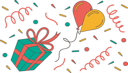 Festive birthday celebration with a wrapped gift balloons and colorful confetti and streamers