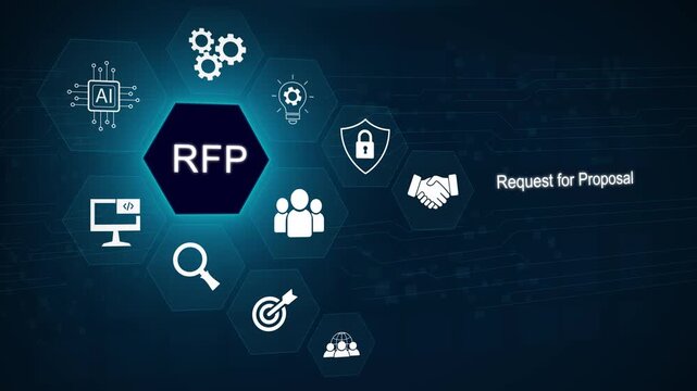 RFP, Request for Proposal Business Concept. icon representing Request for Proposal (RFP) process, including procurement, 3D dark blue background 4k animation