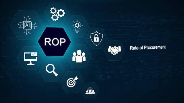 ROP, Request for Proposal Business Concept. icon representing Request for Proposal (ROP) process, including procurement, 3D dark blue background 4k animation