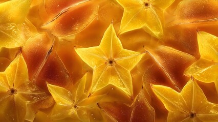 Close-up of overlapping yellow starfruit slices with star-shaped cross-sections. Concept Close-up, Starfruit slices, Yellow fruit, Overlapping slices, Star-shaped cross-sections