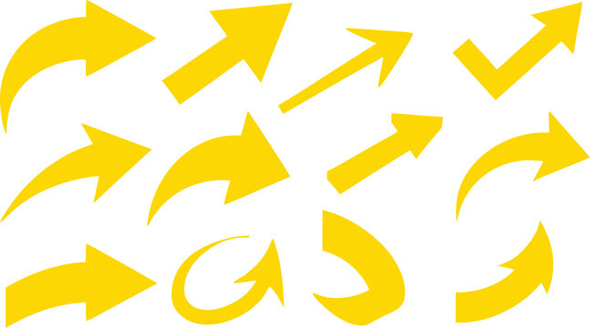 Collection of yellow arrows and a checkmark symbol indicating direction and completion on a white background