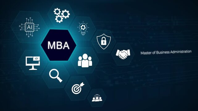 MBA Business Education Concept with Icons and Circuit Board Background Master of Business Administration