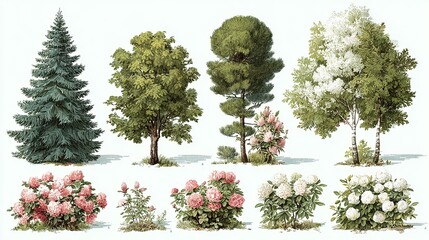 High-Resolution Illustration of Flowers and Trees: A Botanical Symphony in Bloom