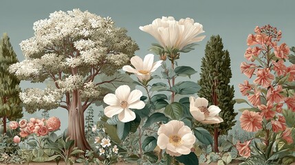 High-Resolution Illustration of Flowers and Trees: A Botanical Symphony in Bloom