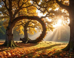 Golden autumn forest with ancient trees and a sunlit clearing. The focal point is a stylized, ring-shaped tree. Light filters through the leaves