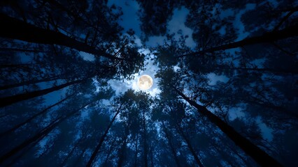 Full moon in a deep blue night sky, framed by tall silhouetted trees in a forest. Concept Full Moon in Deep Blue Night Sky, Tall Silhouetted Trees Framing the Moon, Moonlit Forest Landscape