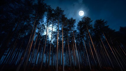 Tall pine trees rise in a moonlit forest beneath a bright full moon in a blue night sky. Concept Moonlit forest, Tall pine trees, Full moon, Blue night sky, Night photography