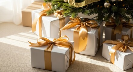 White and gold Christmas gifts under a festive tree. Elegantly wrapped presents with satin ribbons in bright sunlight. Holiday celebration concept