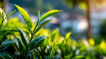 Close-up of vibrant green tea leaves on a shrub, sunlight highlighting the glossy blades with a blurred garden background. Concept Close-up of vibrant green tea leaves on a shrub