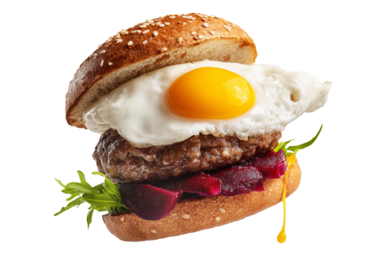 Kiwi burger with fried egg, beet spread, cheddar, beef patty and greens on sesame bun, isolated on white transparent background, New Zealand cuisine