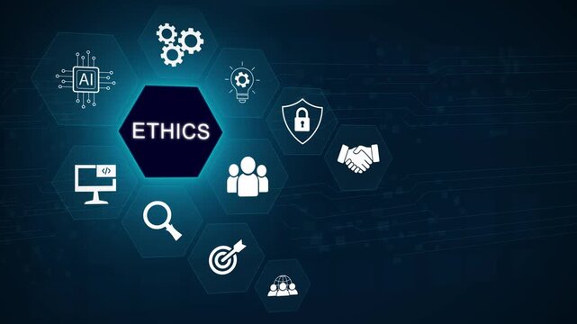 Ethics Concept with Business Icons and AI on Futuristic Circuit Board Background business ethics morality