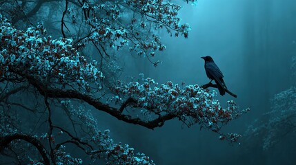 Mysterious Dark Bird in a Blue Forest at Night: An Enchanting Nocturnal Scene