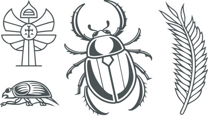 Ancient egyptian hieroglyphs featuring scarab beetles and a feathered symbol of life and nature