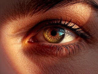 Obraz premium Close-up of a vibrant eye showcasing unique coloration and intricate details in natural light during golden hour