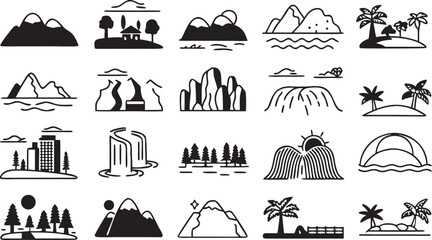 Collection of diverse landscape icons including mountains islands waterfalls trees and buildings in a simple black and white line art style

