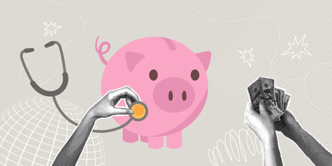 Financial checkup, investment analysis, savings, planning. Trendy halftone collage. Concept of risk, wealth preservation, and savings, financial health check.