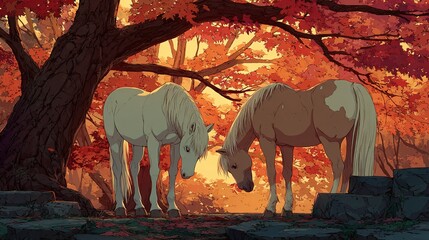 Anime Style: Two Little Ponies Under the Tree in Autumn