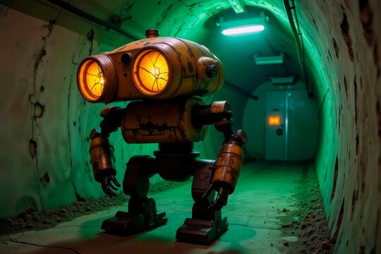 Yellow robot with cracked glowing eyes in dark underground tunnel. - Powered by Adobe
