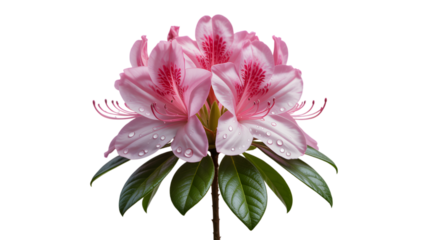 Delicate pink azalea blossom with green leaves against a dark background