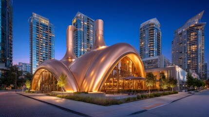 Fototapeta premium Modern architectural structure with unique curved design in urban area