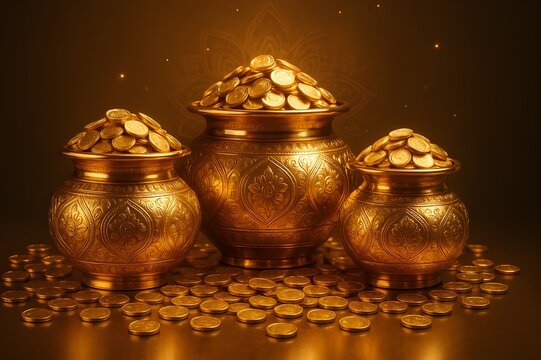 Golden Pots (Kalash) full of Gold Coins for Diwali or Akshaya Tritiya Festival