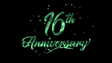 16th anniversary text animation in green metallic effect. suitable for celebrating special occasions, invitations, anniversary cards and social media. Includes alpha channel for any background.