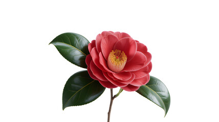 Vibrant red camellia blossom with dark green leaves against black background