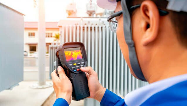 Engineer using a thermal imaging camera to inspect an electrical transformer.